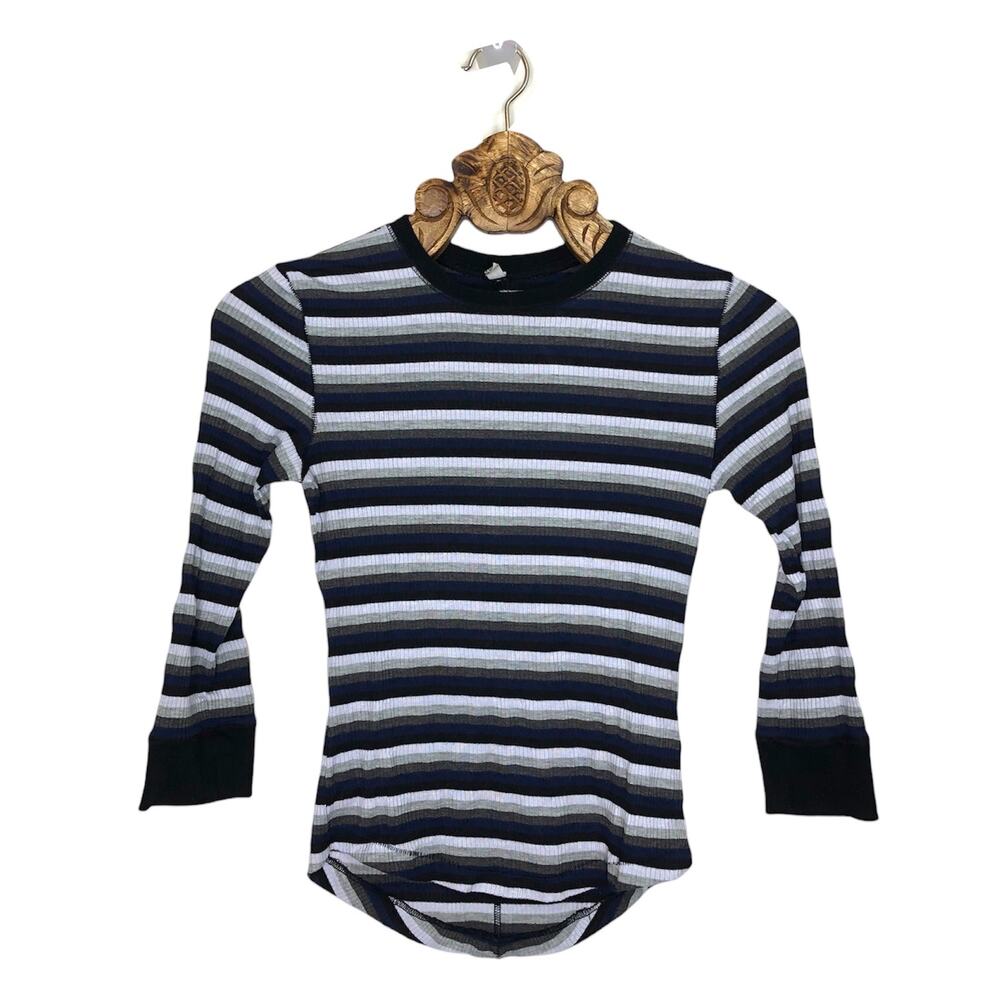 Free People Intimately Stripe Rib Thermal Tee Crop Sleeve Scoop Hight Low Hem S